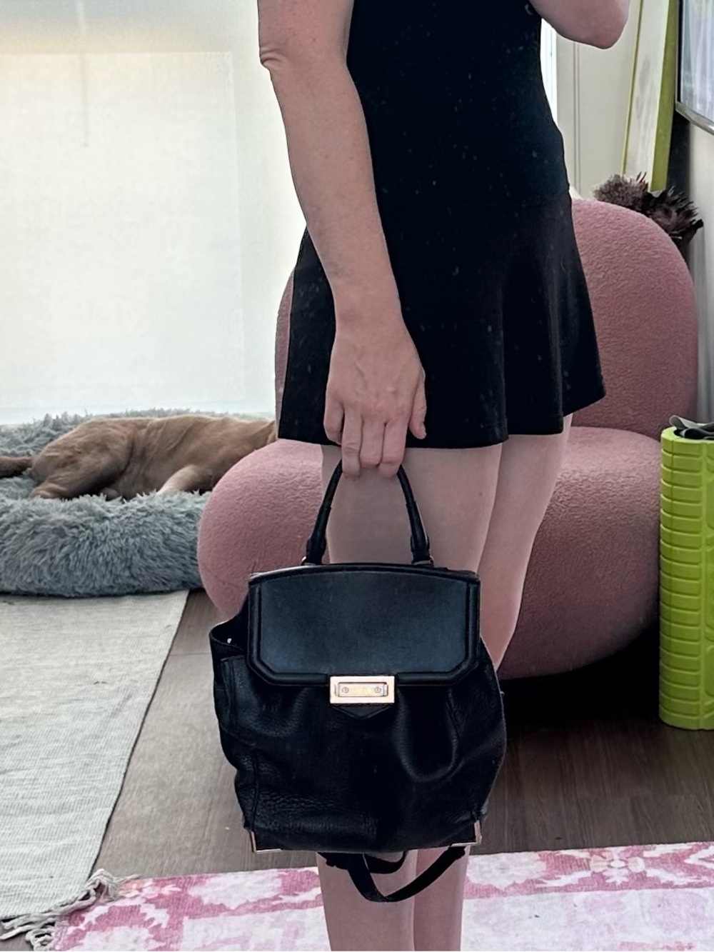 Alexander Wang Black Pebbled Leather Top-Handle Backpack with Gold Hardware